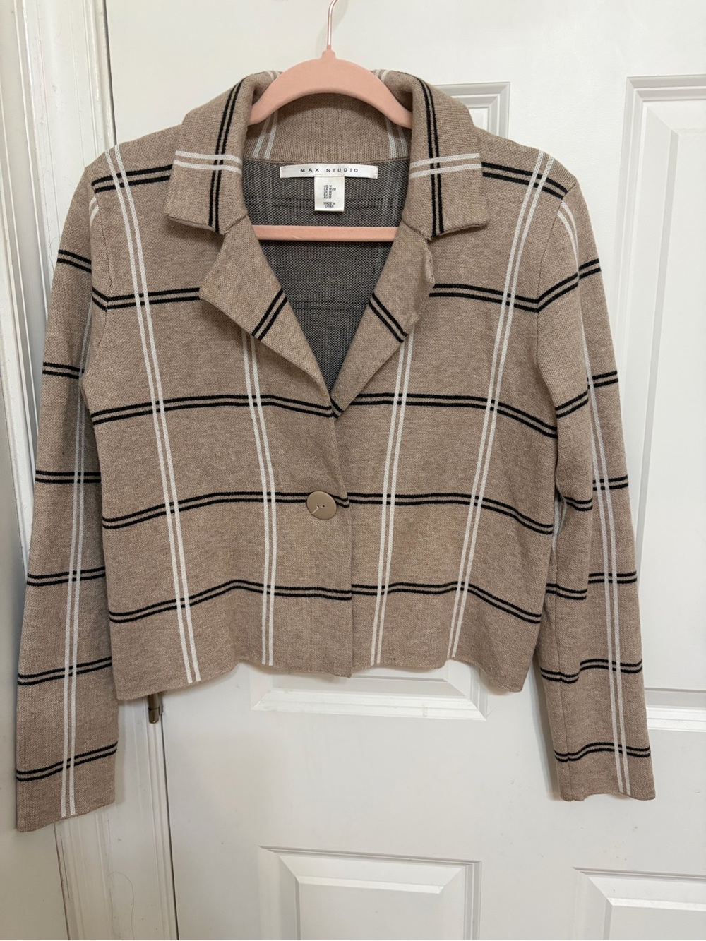 Max Studio Tan Plaid Cropped Blazer with Black & White Stripes